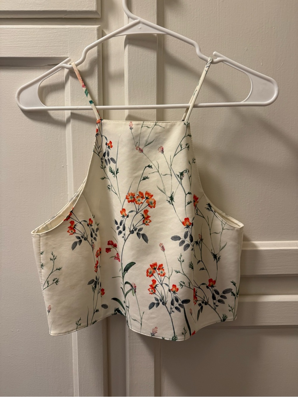 Zara - Floral Halter Crop Top - Cream with Orange Flowers